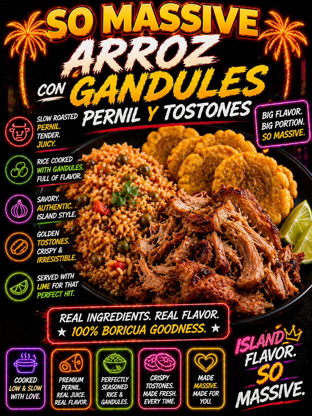 Arroz Con Gandules Pernil y Tostones