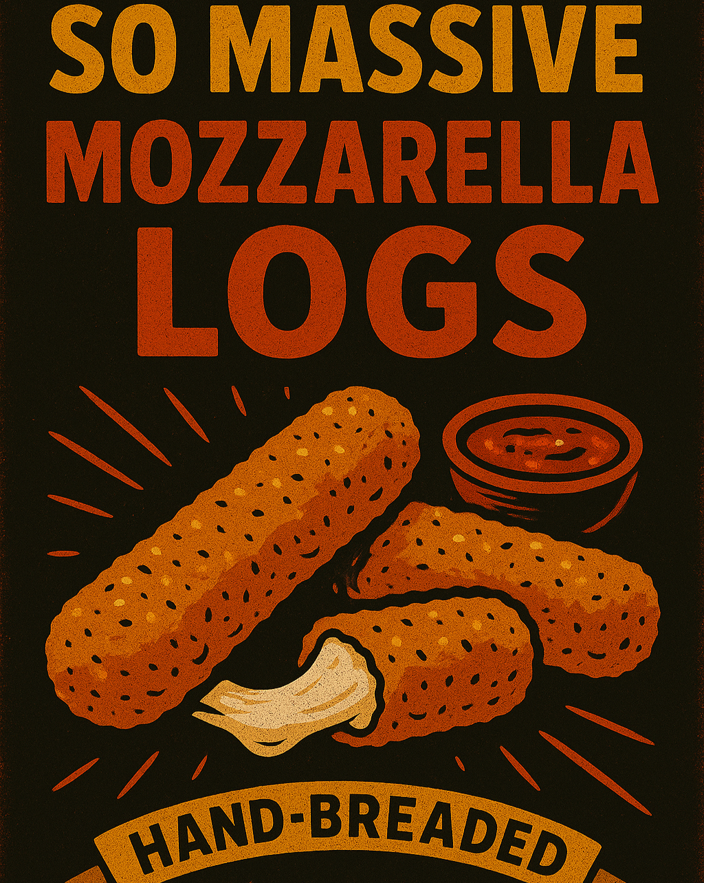 Illustration of mozzarella logs with text 'So Massive Mozzarella Logs' and 'Hand-Breaded' on a dark background.