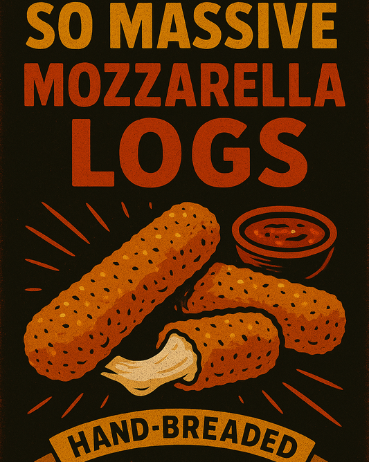 Illustration of mozzarella logs with text 'So Massive Mozzarella Logs' and 'Hand-Breaded' on a dark background.