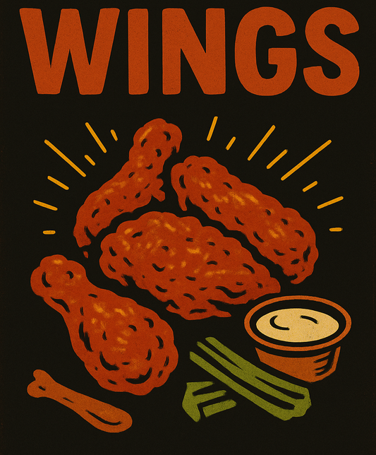 Illustration of chicken wings with a dipping sauce and celery sticks on a dark background, text 'So Massive Wings' above.
