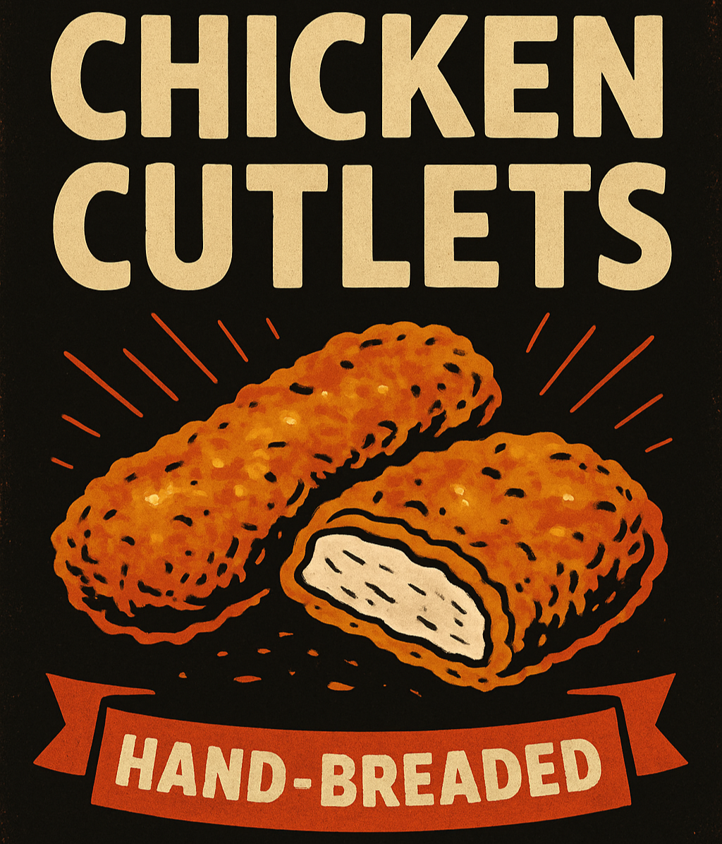 Advertisement for massive hand-breaded chicken cutlets with a dark background