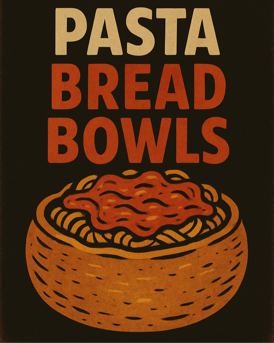 Poster with text 'So Massive Pasta Bread Bowls' and an illustration of a pasta bowl on a brown background.