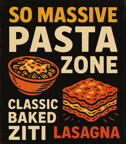 A promotional image for So Massive Pasta Zone featuring baked ziti and lasagna with text overlay.
