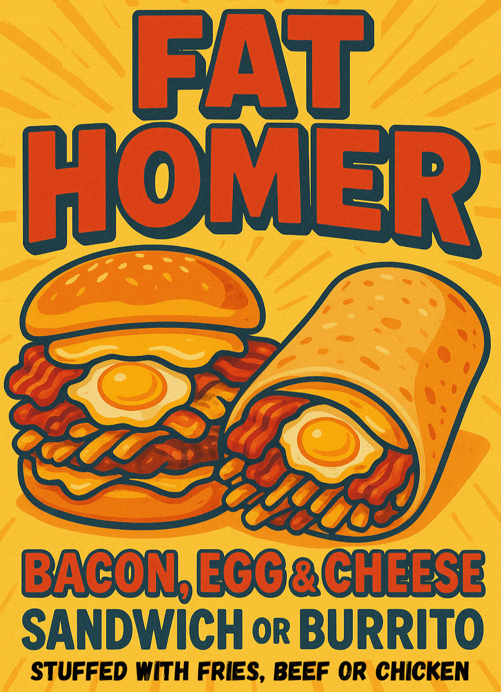 Promotional graphic for 'Fat Homer' featuring a bacon, egg, and cheese sandwich and burrito on a yellow background.